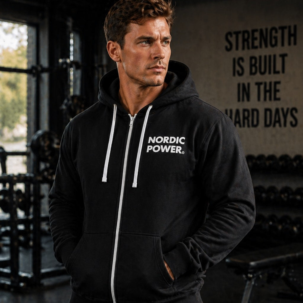 Sort Hoodie, Hættetrøje med lynlås Str. M, sporty fit - NORDIC POWER